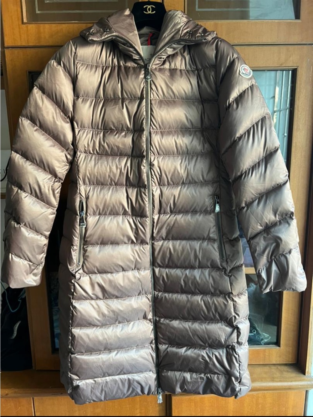 Moncler Taupe Quilted Long Puffer Dress with Fur-Trim Hood